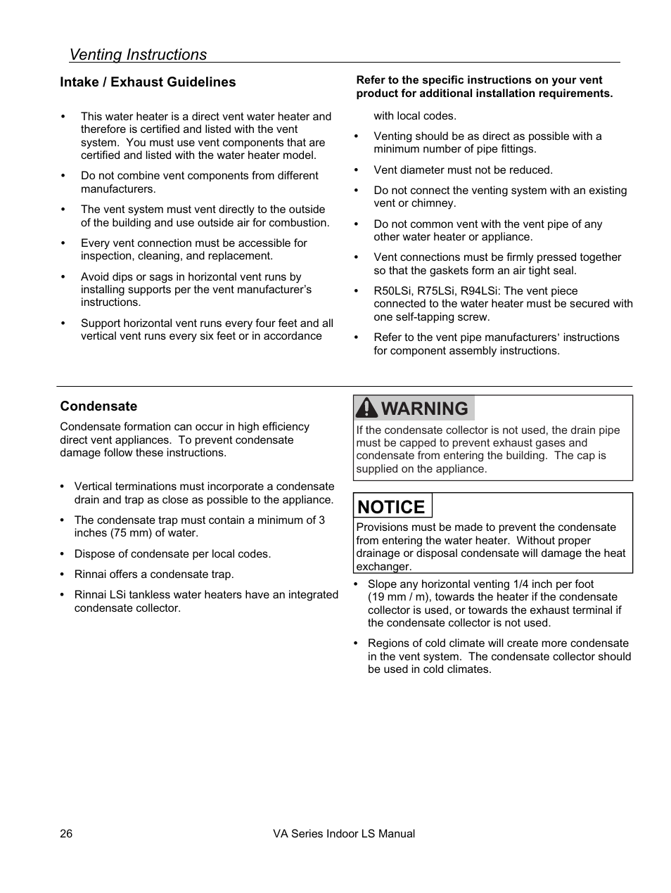 Notice, Warning, Venting instructions | Rinnai REU-VA3237FFU User Manual | Page 26 / 44