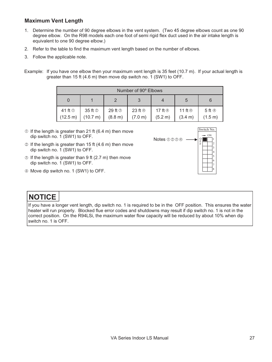 Notice, Maximum vent length | Rinnai REU-VA3237FFU User Manual | Page 27 / 44