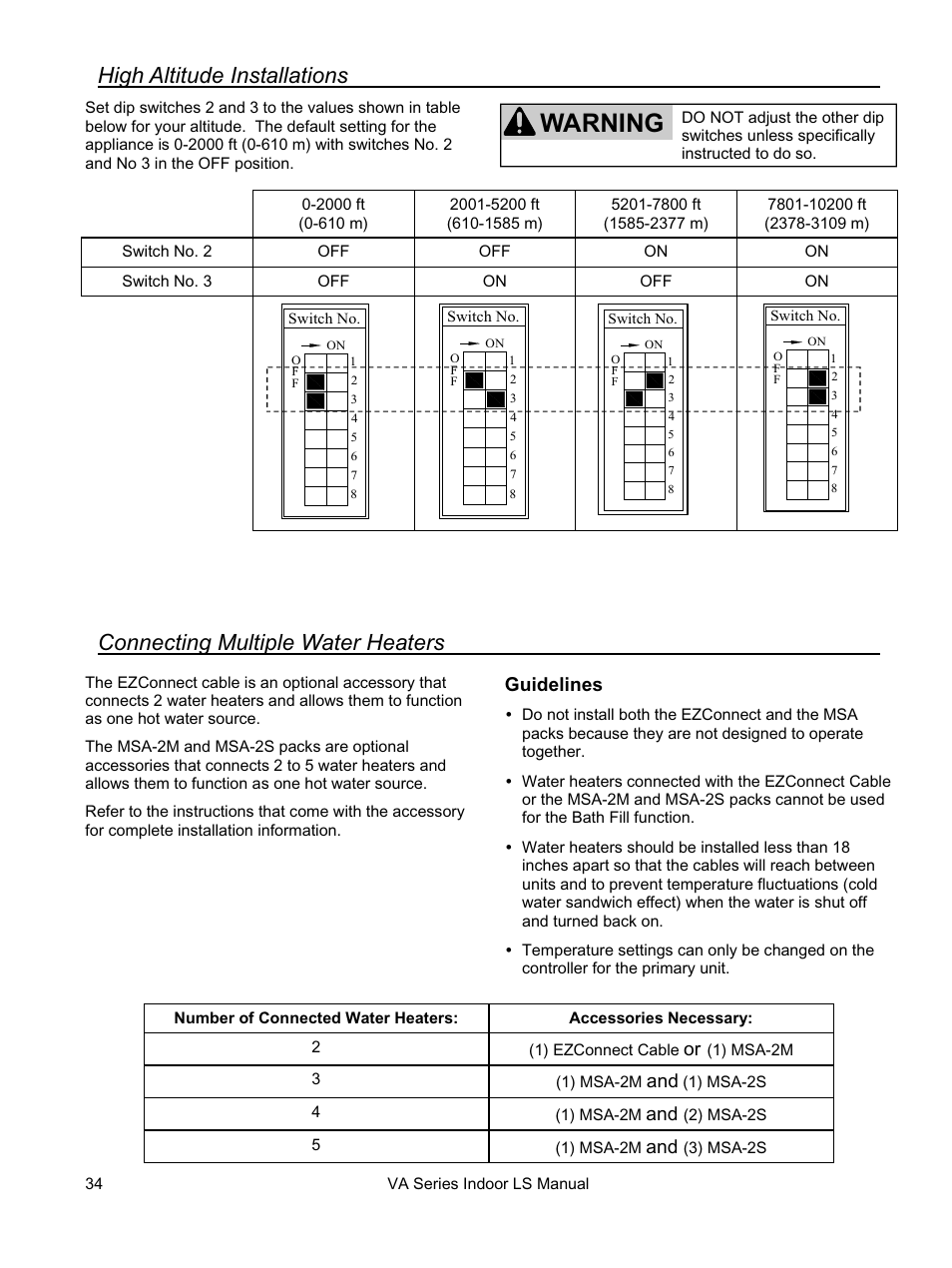 Warning, High altitude installations, Connecting multiple water heaters | Rinnai REU-VA3237FFU User Manual | Page 34 / 44