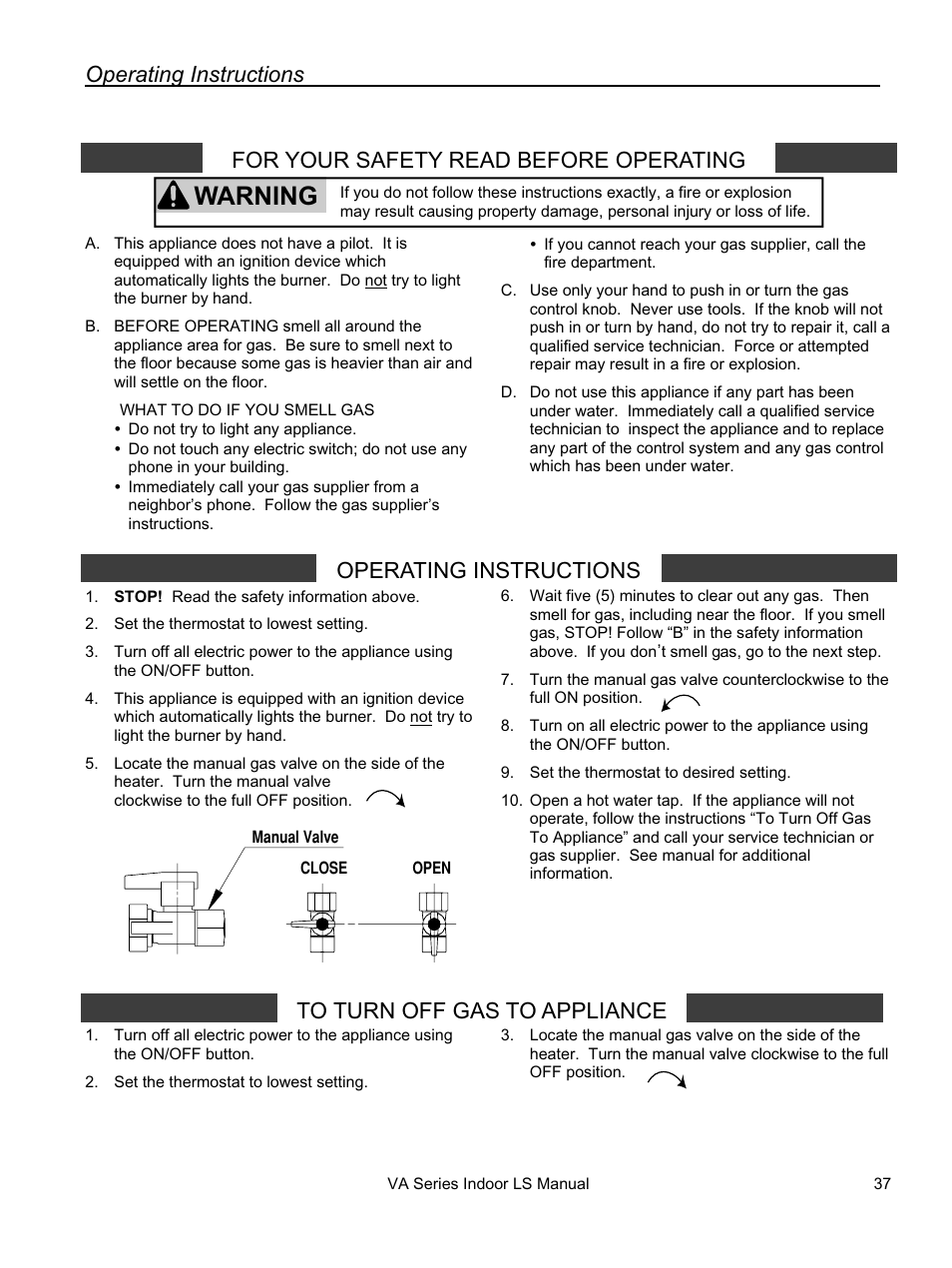 Warning, Operating instructions, For your safety read before operating | Rinnai REU-VA3237FFU User Manual | Page 37 / 44