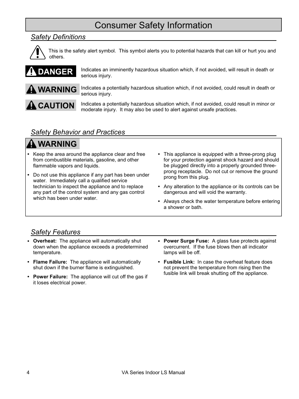 Consumer safety information, Warning, Danger caution warning | Rinnai REU-VA3237FFU User Manual | Page 4 / 44