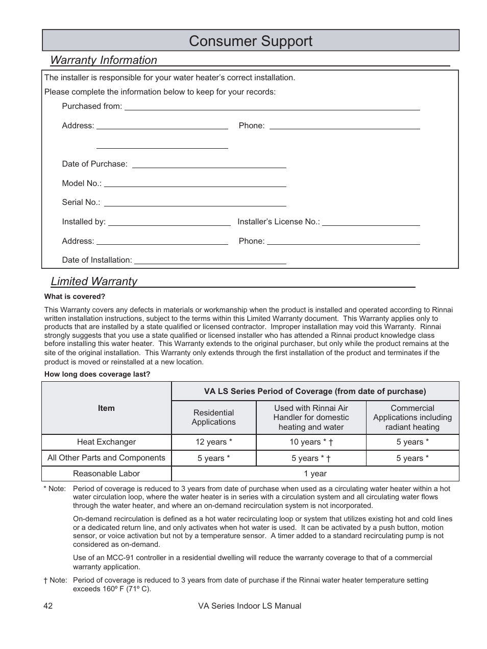 Consumer support | Rinnai REU-VA3237FFU User Manual | Page 42 / 44