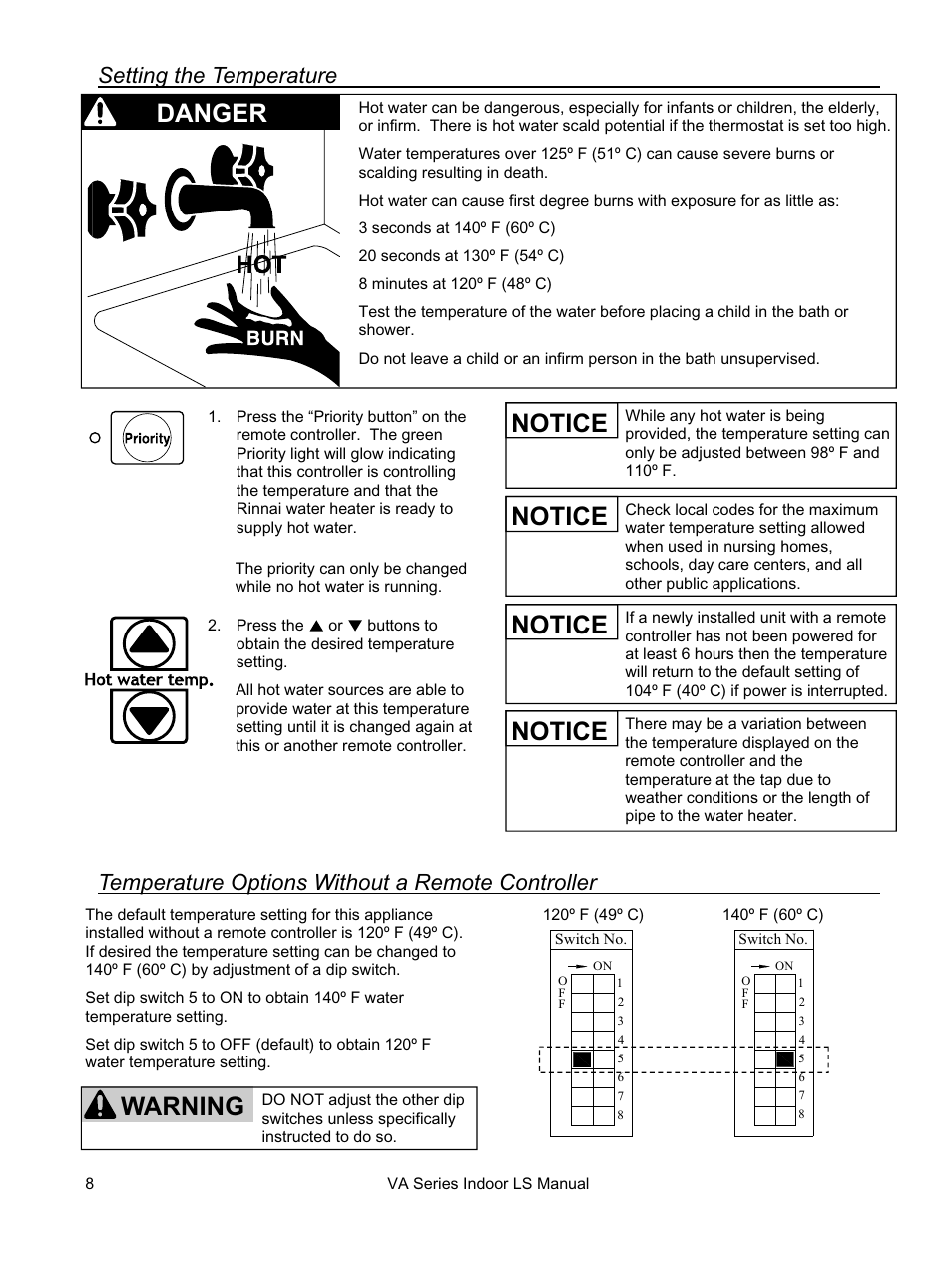 Notice, Warning, Danger | Setting the temperature, Temperature options without a remote controller | Rinnai REU-VA3237FFU User Manual | Page 8 / 44