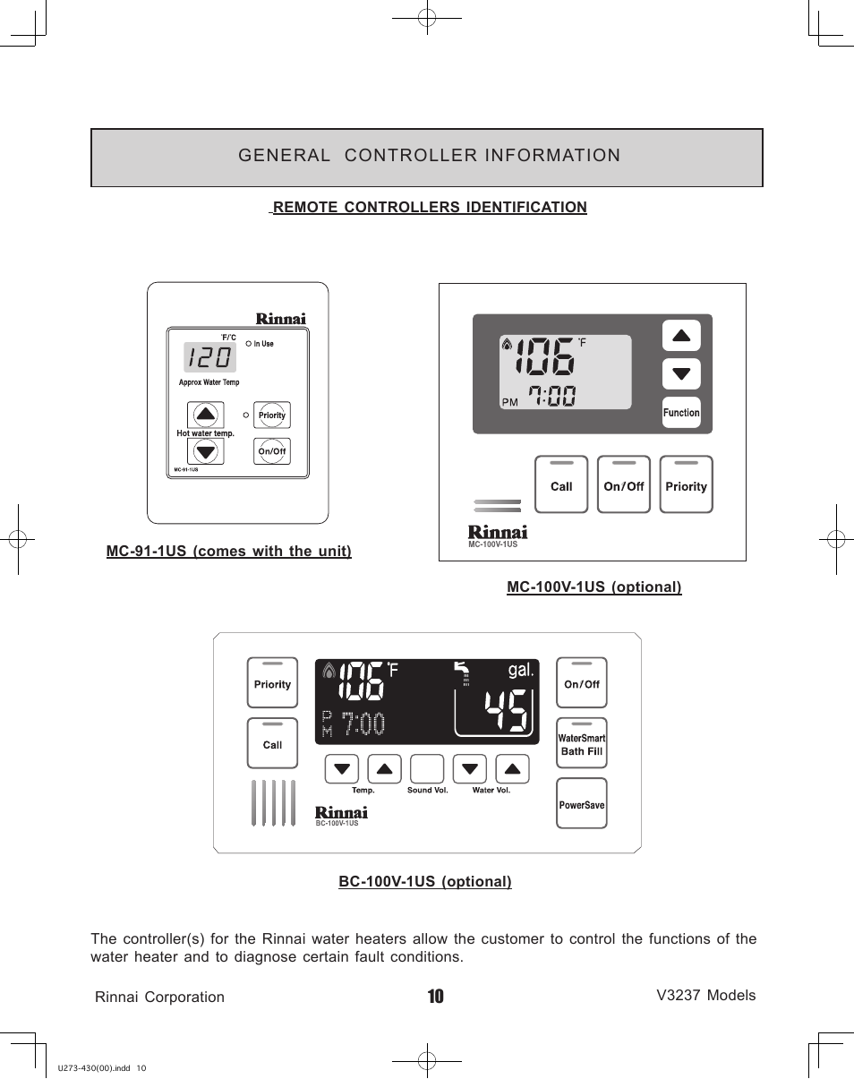 General controller information | Rinnai V3237FFU User Manual | Page 10 / 52