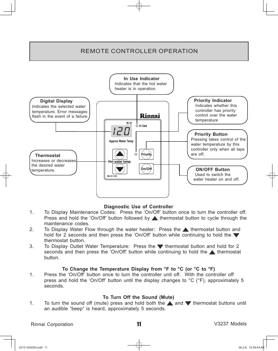 Remote controller operation | Rinnai V3237FFU User Manual | Page 11 / 52