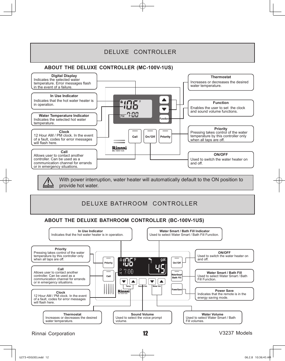 Deluxe controller, Deluxe bathroom controller, Rinnai corporation v3237 models | Rinnai V3237FFU User Manual | Page 12 / 52