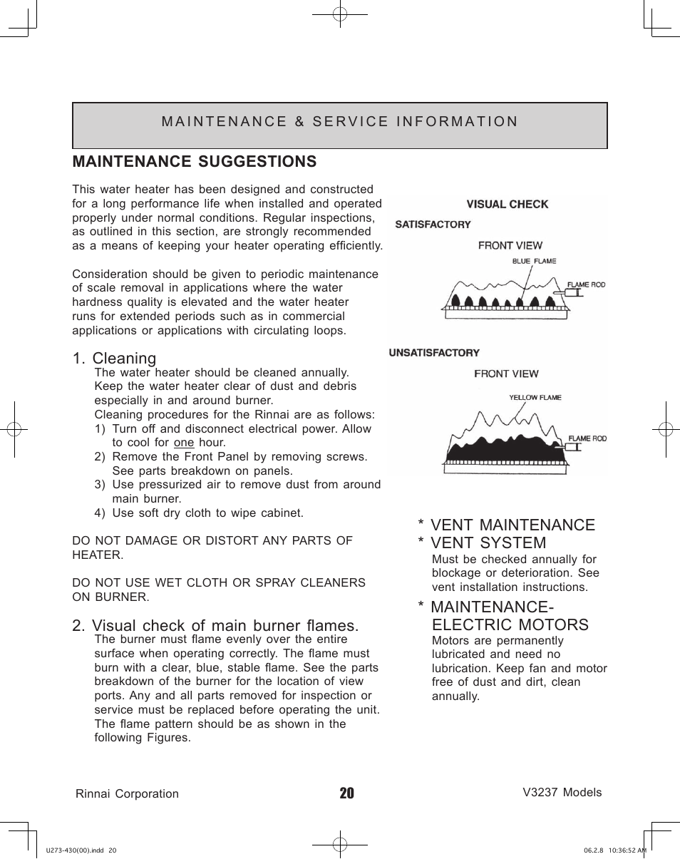 Maintenance suggestions, Cleaning, Visual check of main burner ﬂames | Vent maintenance * vent system, Maintenance- electric motors | Rinnai V3237FFU User Manual | Page 20 / 52