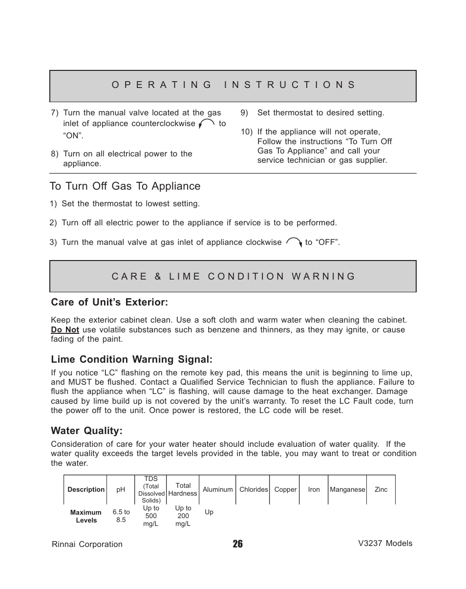 Care of unit’s exterior, Lime condition warning signal, Water quality | Rinnai V3237FFU User Manual | Page 26 / 52