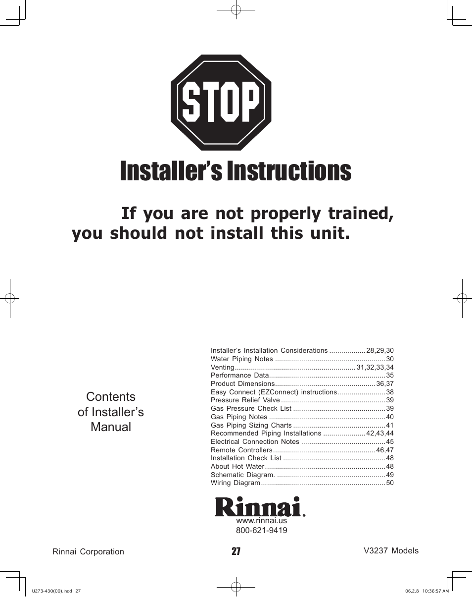 Installer’s instructions | Rinnai V3237FFU User Manual | Page 27 / 52