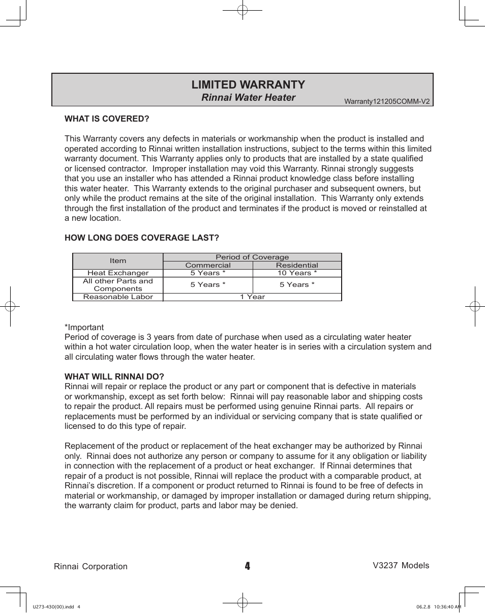 Limited warranty, Rinnai water heater | Rinnai V3237FFU User Manual | Page 4 / 52