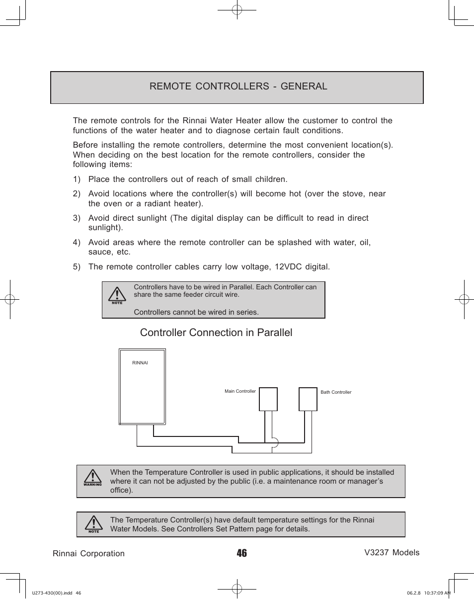 Controller connection in parallel, Remote controllers - general | Rinnai V3237FFU User Manual | Page 46 / 52