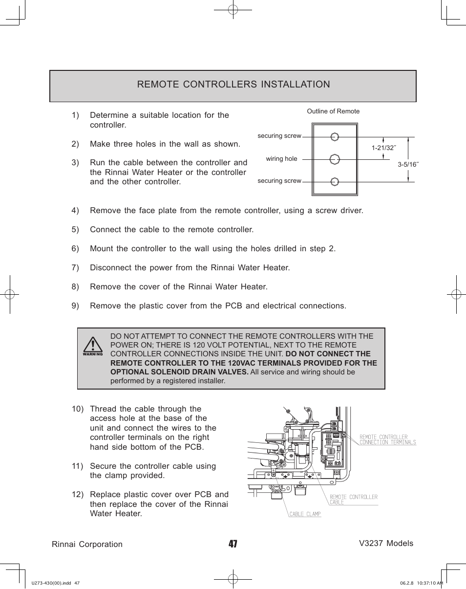 Remote controllers installation | Rinnai V3237FFU User Manual | Page 47 / 52