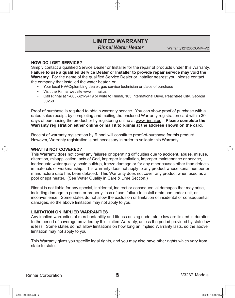 Limited warranty, Rinnai water heater | Rinnai V3237FFU User Manual | Page 5 / 52