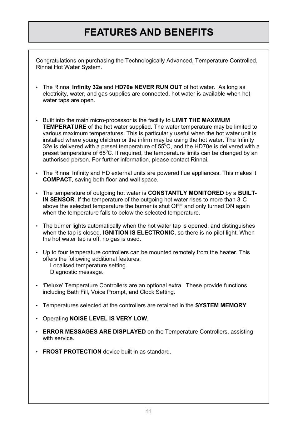 Features and benefits | Rinnai HD70e User Manual | Page 11 / 40