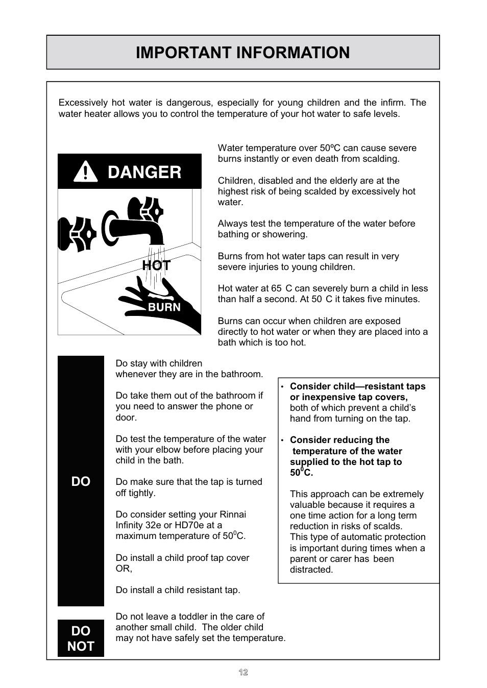 Important information, Do not | Rinnai HD70e User Manual | Page 12 / 40