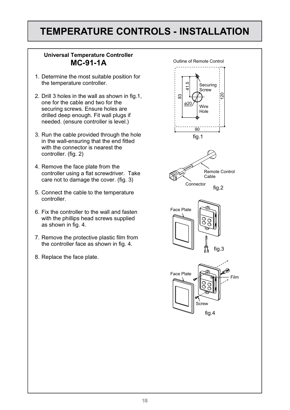 Temperature controls - installation, Mc-91-1a | Rinnai HD70e User Manual | Page 16 / 40