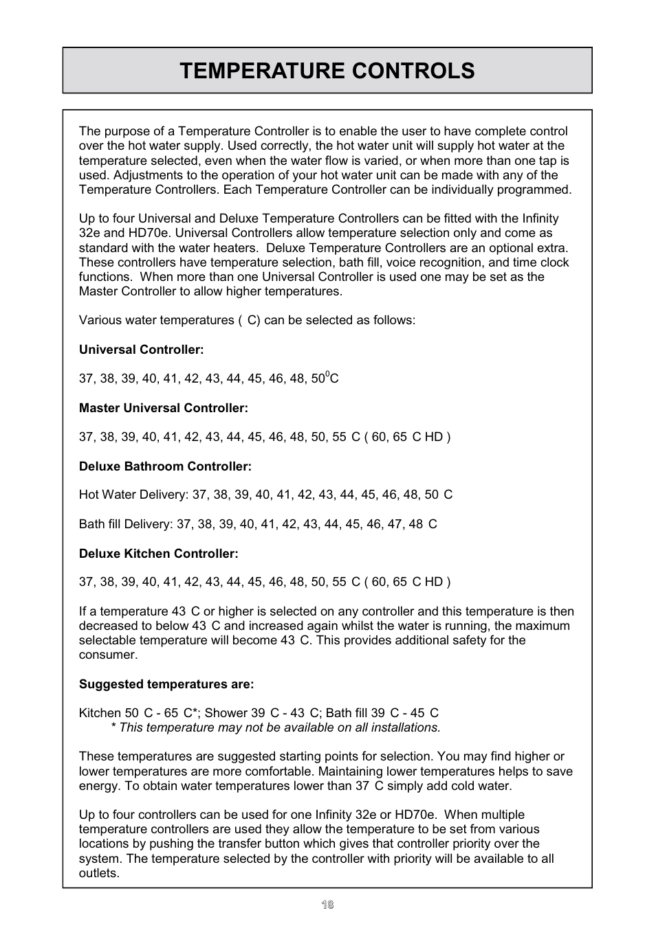 Temperature controls | Rinnai HD70e User Manual | Page 18 / 40