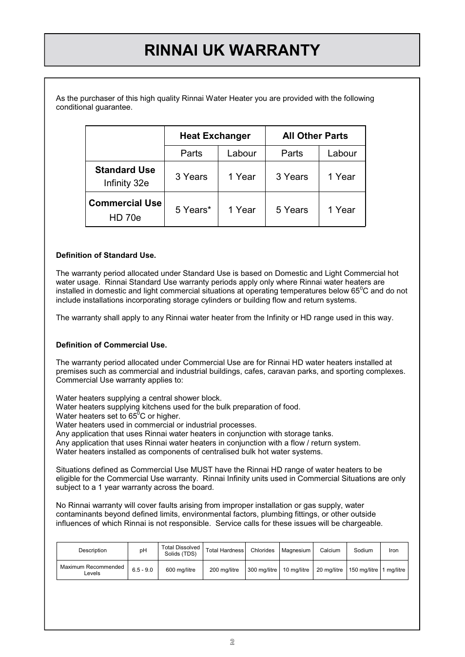 Rinnai uk warranty | Rinnai HD70e User Manual | Page 2 / 40