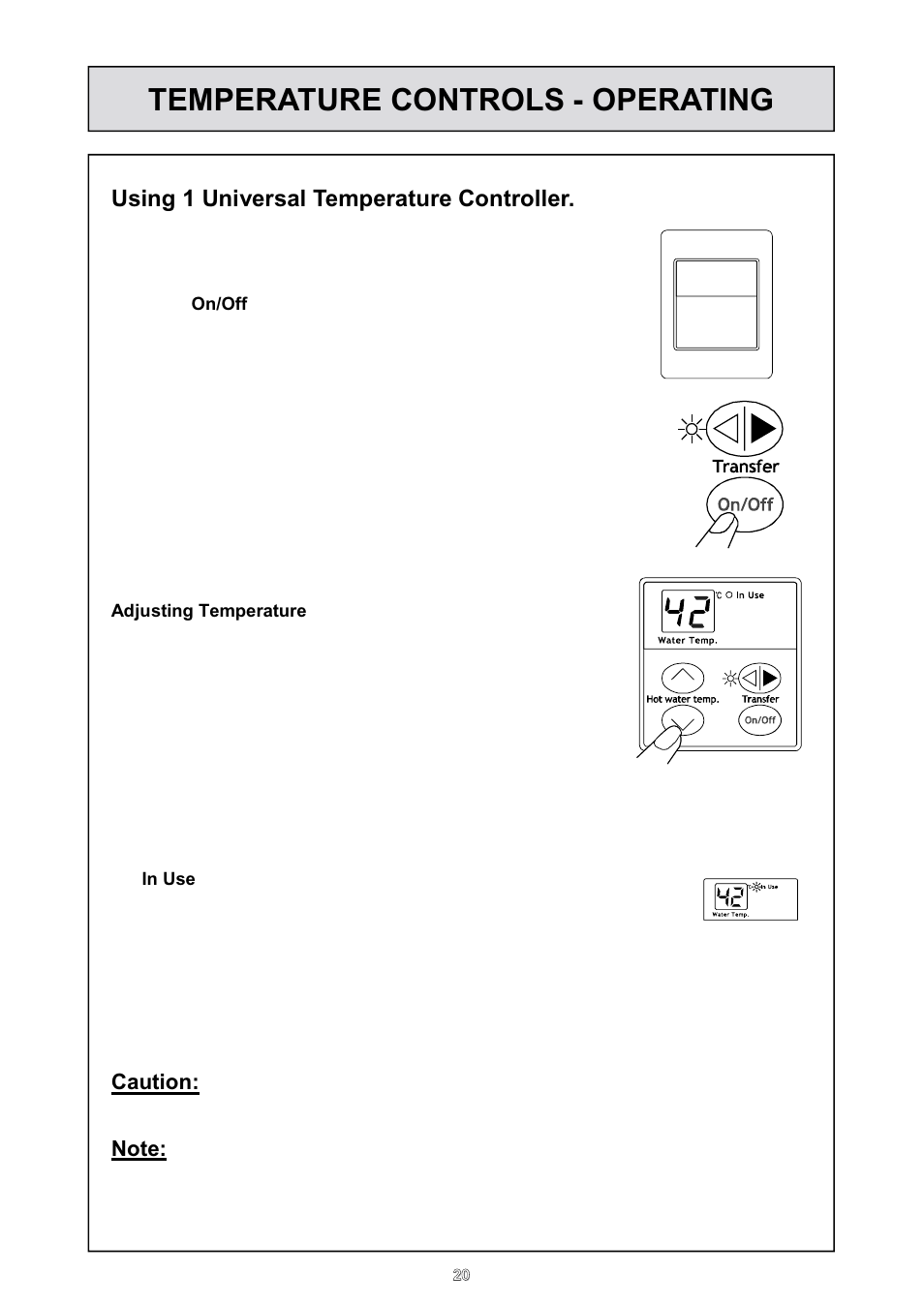 Temperature controls - operating, Using 1 universal temperature controller, Caution | Rinnai HD70e User Manual | Page 20 / 40