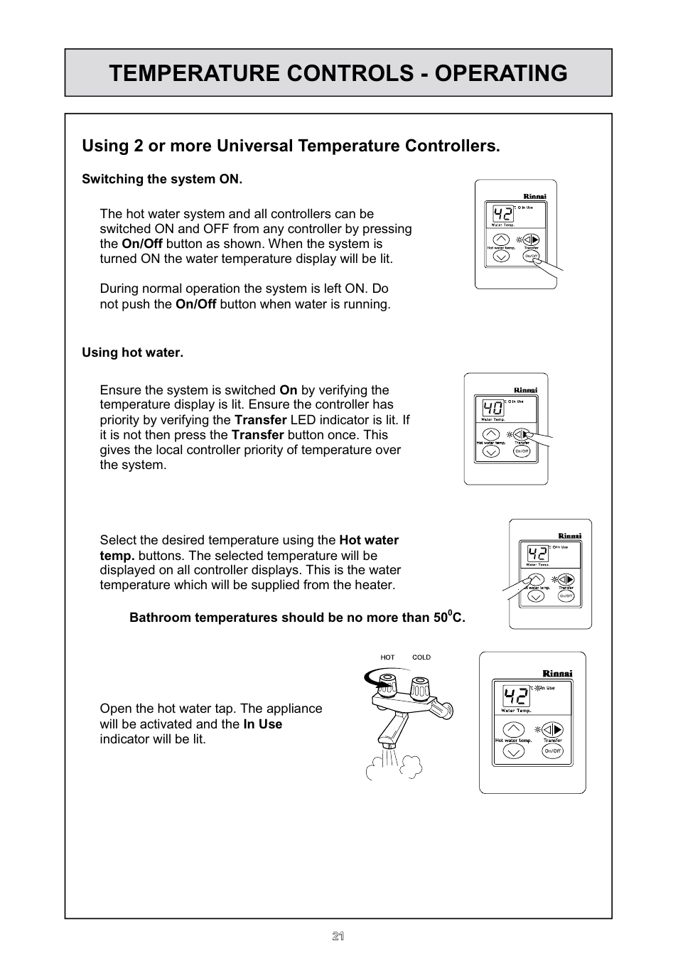 Temperature controls - operating, Using 2 or more universal temperature controllers | Rinnai HD70e User Manual | Page 21 / 40