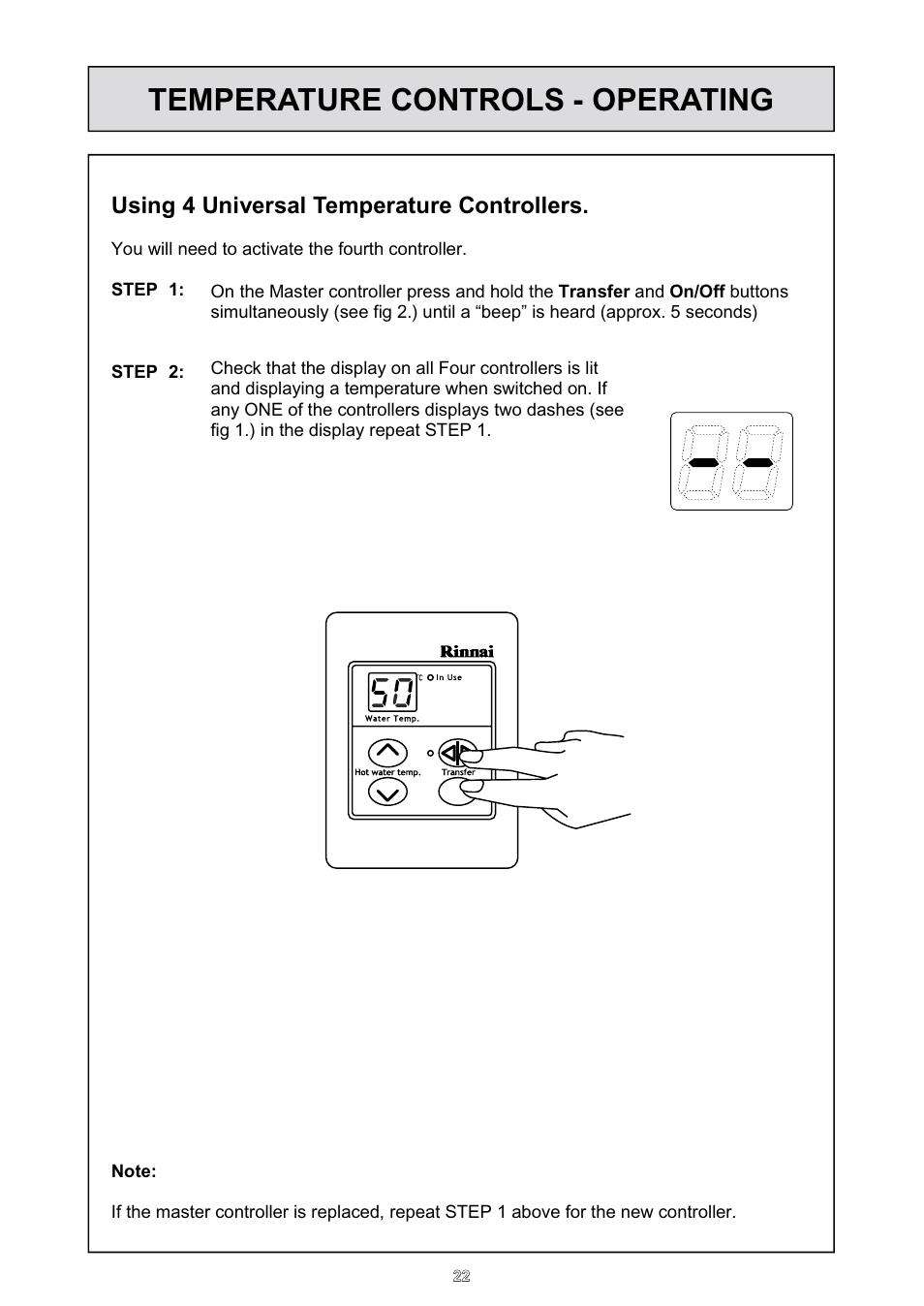 Temperature controls - operating, Using 4 universal temperature controllers | Rinnai HD70e User Manual | Page 22 / 40