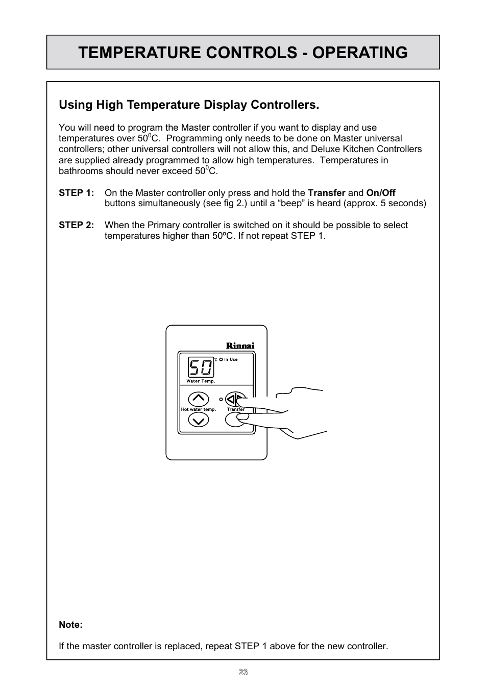 Temperature controls - operating, Using high temperature display controllers | Rinnai HD70e User Manual | Page 23 / 40