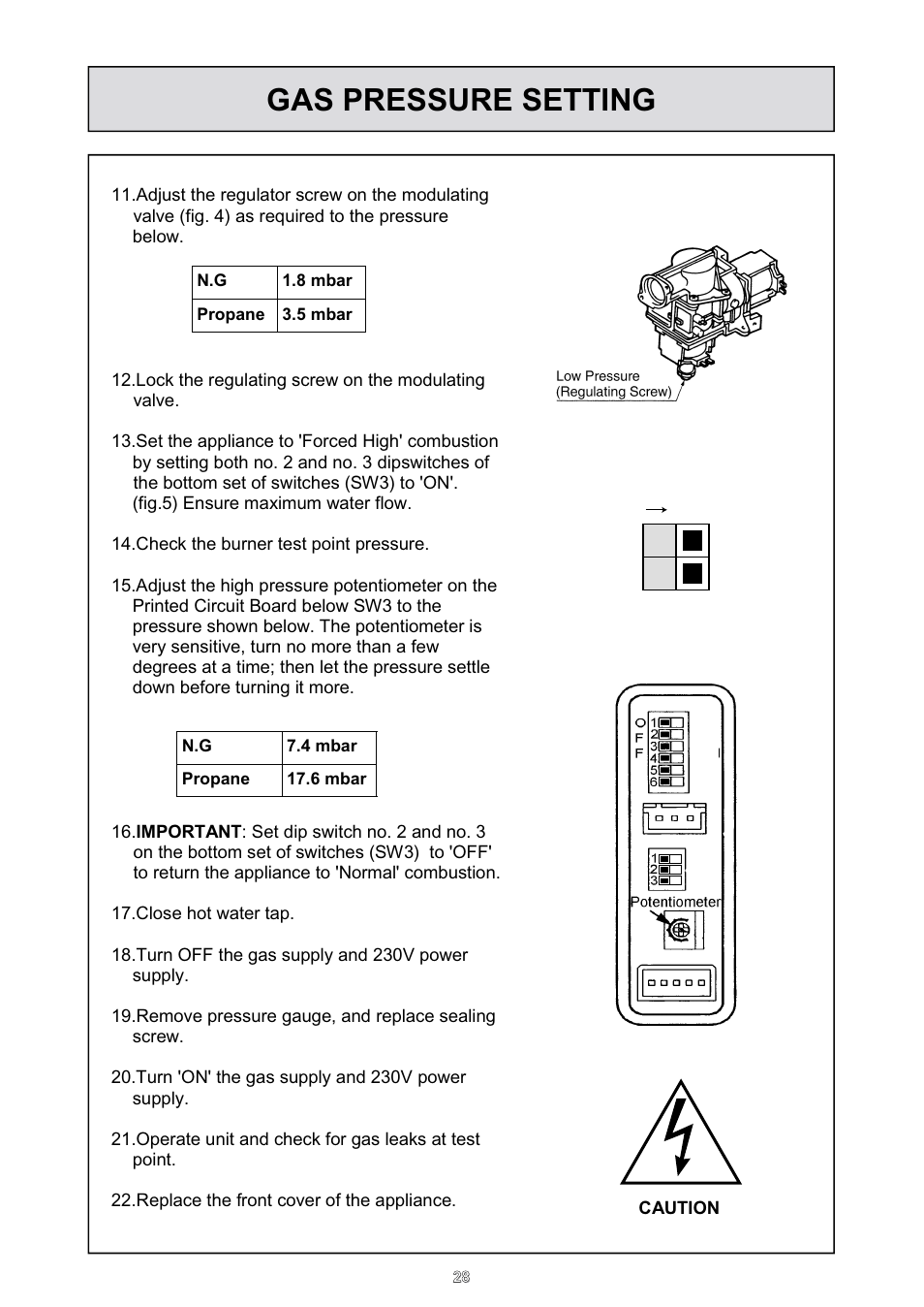 Gas pressure setting, 23 o f f on | Rinnai HD70e User Manual | Page 28 / 40