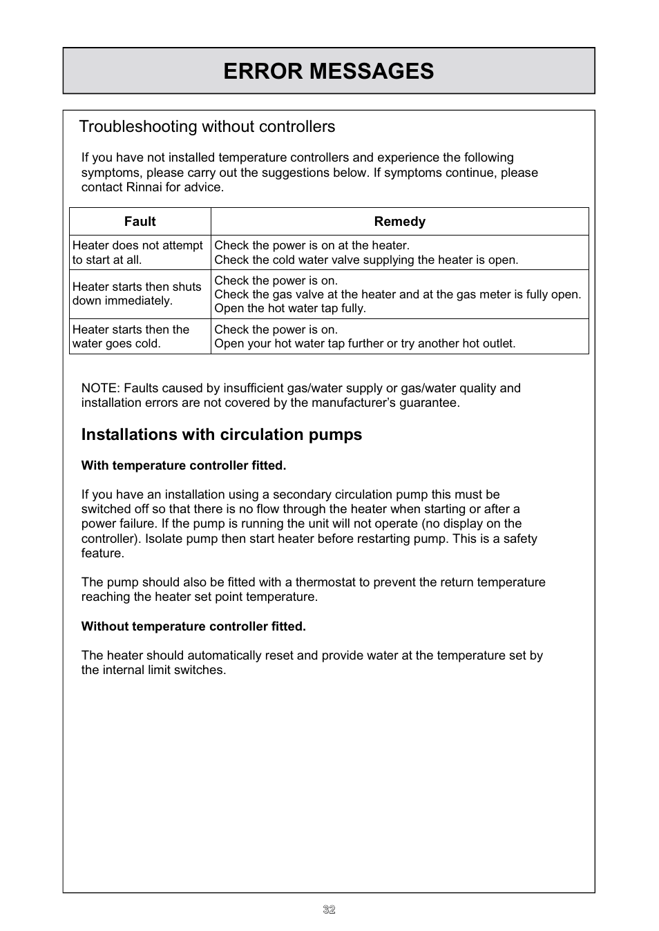 Error messages, Troubleshooting without controllers, Installations with circulation pumps | Rinnai HD70e User Manual | Page 32 / 40