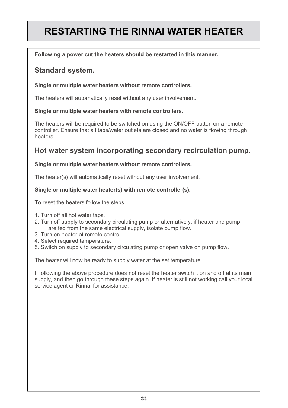 Restarting the rinnai water heater, Standard system | Rinnai HD70e User Manual | Page 33 / 40