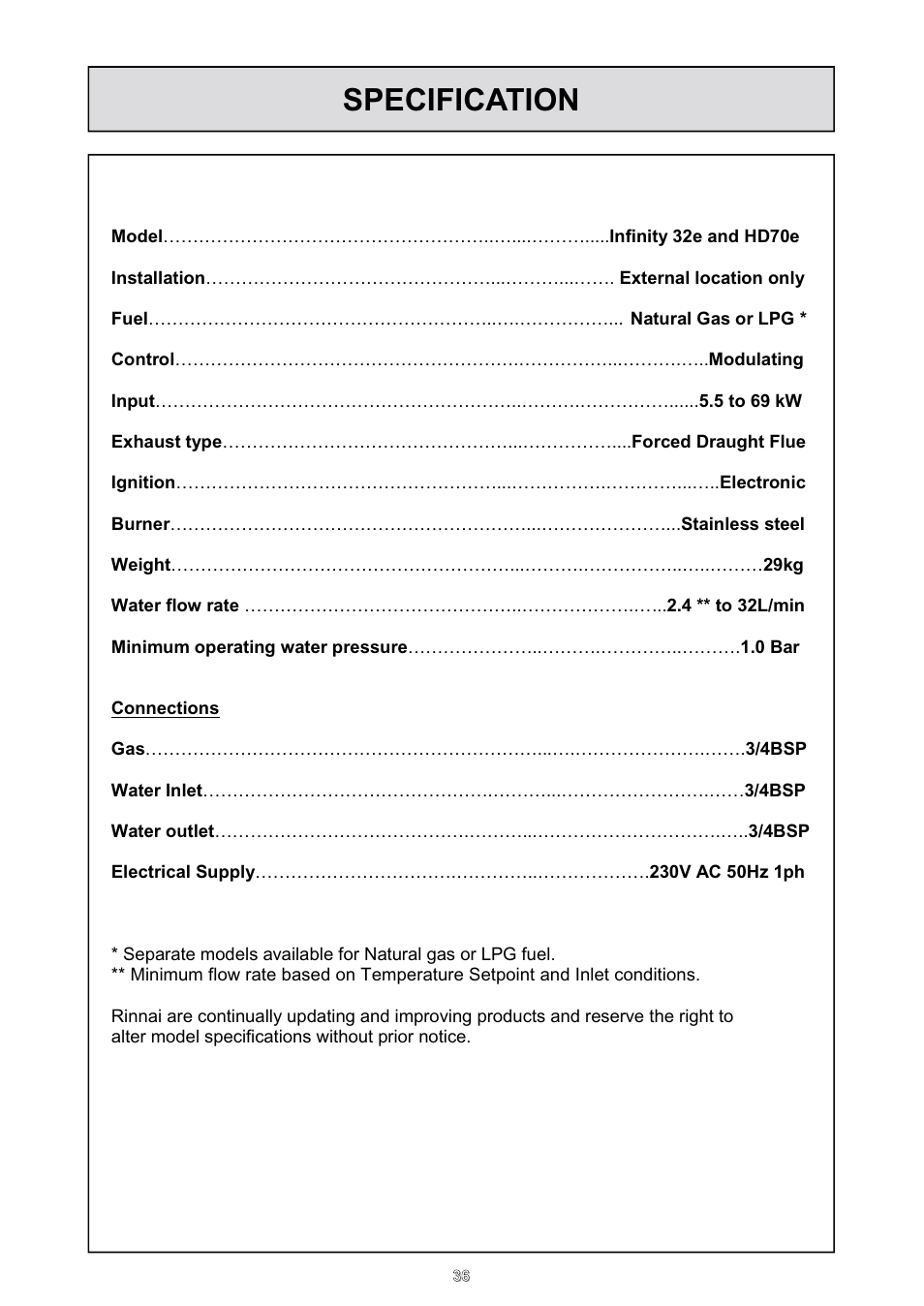 Specification | Rinnai HD70e User Manual | Page 36 / 40