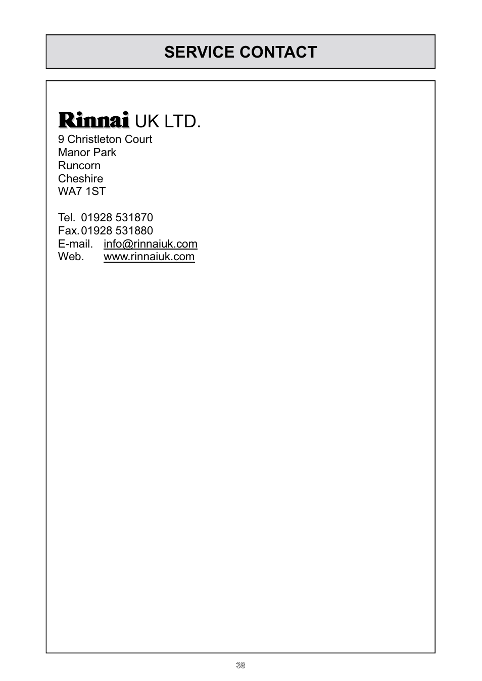 Uk ltd, Service contact | Rinnai HD70e User Manual | Page 38 / 40