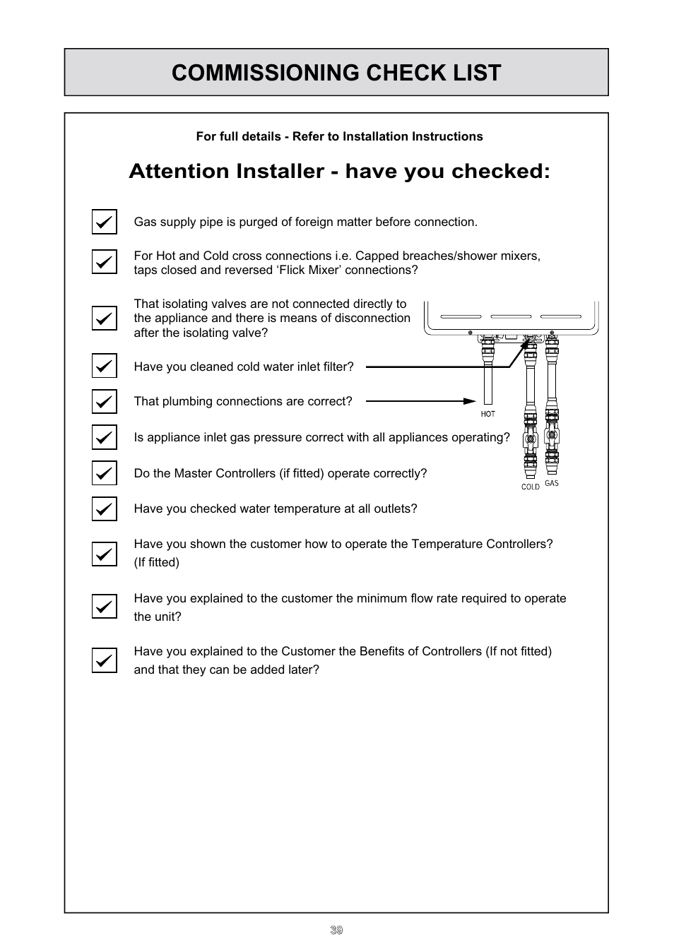 Commissioning check list, Attention installer - have you checked | Rinnai HD70e User Manual | Page 39 / 40