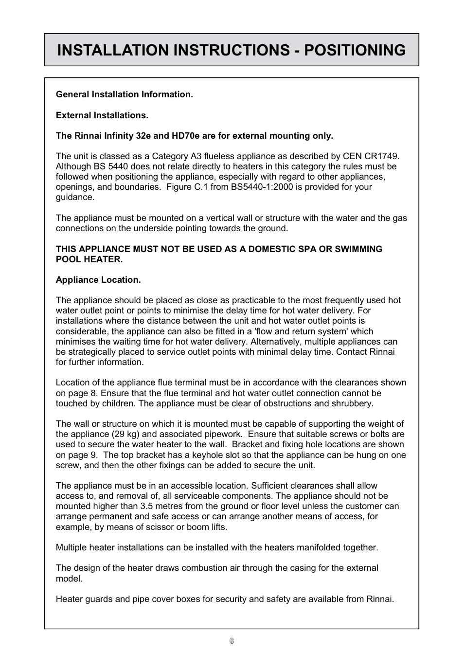 Installation instructions - positioning | Rinnai HD70e User Manual | Page 6 / 40