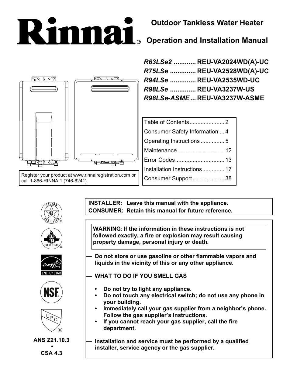 Rinnai R63LSE2 User Manual | 40 pages