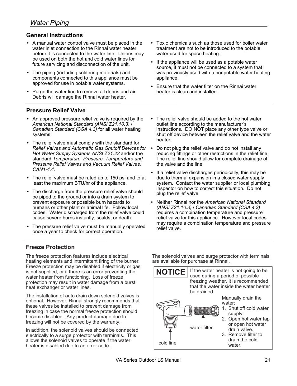 Notice, Water piping | Rinnai R63LSE2 User Manual | Page 21 / 40