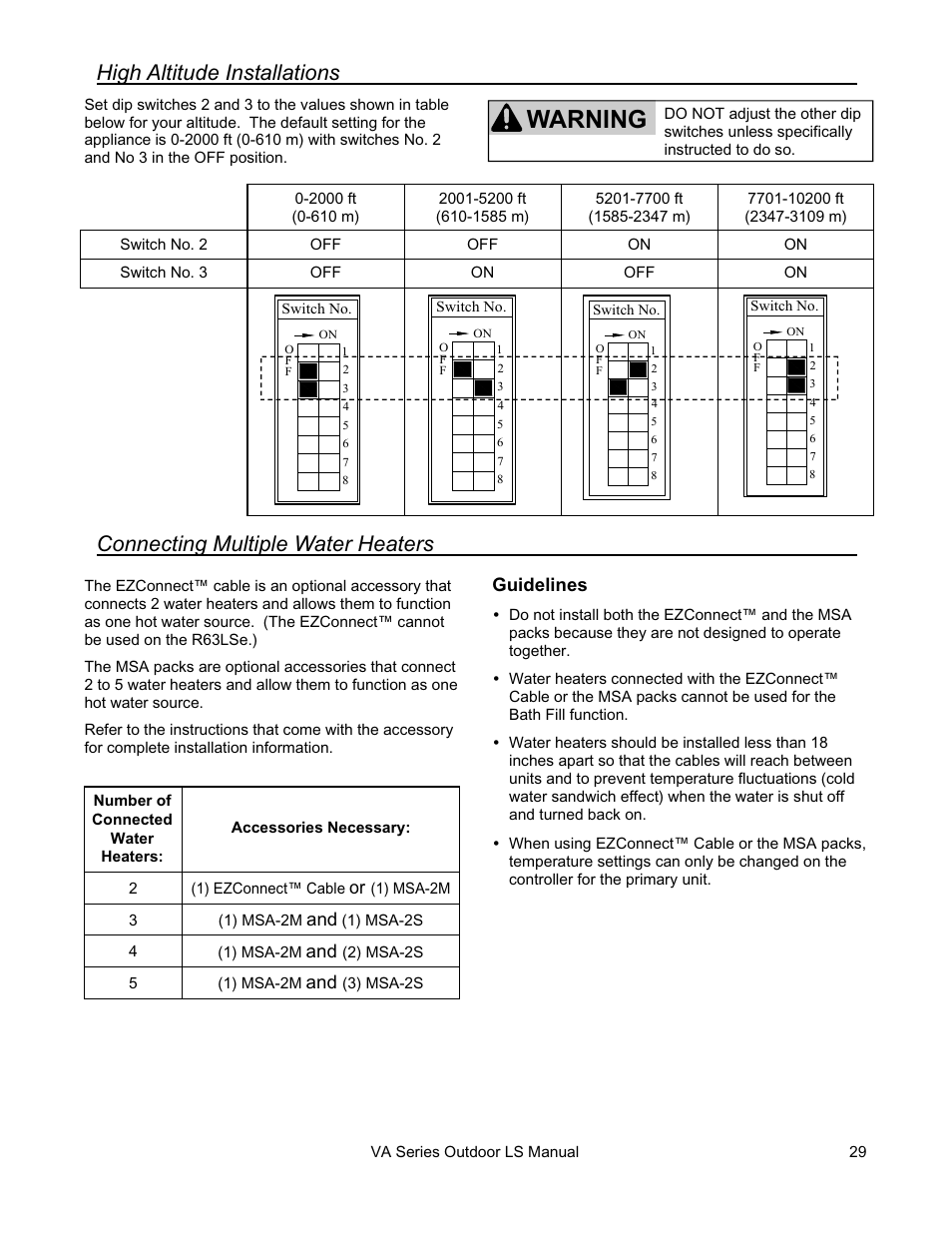 Warning, High altitude installations, Connecting multiple water heaters | Rinnai R63LSE2 User Manual | Page 29 / 40