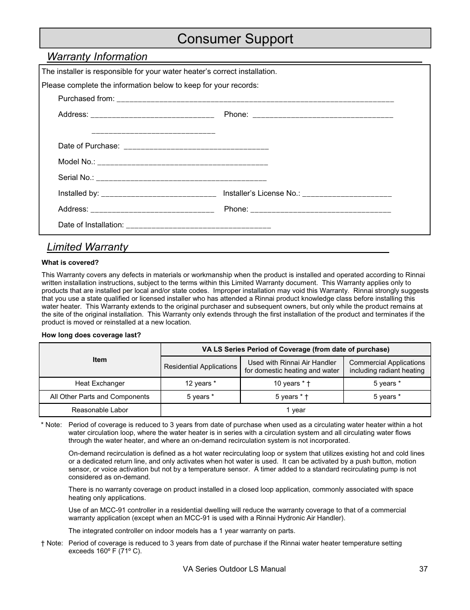 Consumer support | Rinnai R63LSE2 User Manual | Page 37 / 40