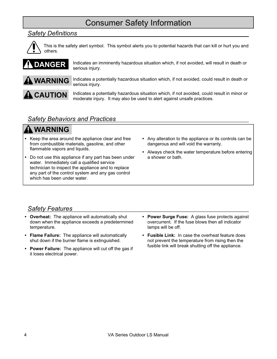 Consumer safety information, Warning, Danger caution warning | Rinnai R63LSE2 User Manual | Page 4 / 40