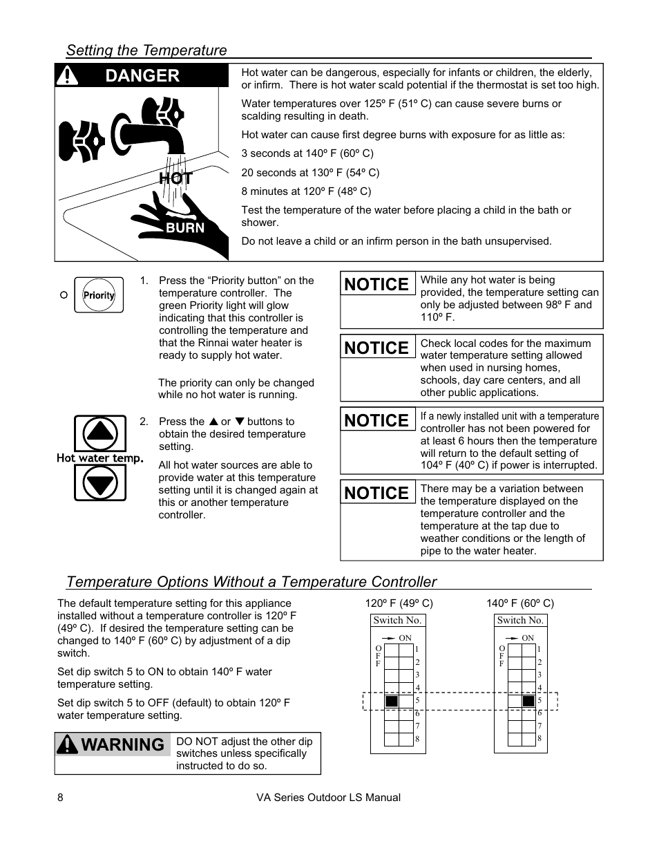 Notice, Warning, Danger | Setting the temperature | Rinnai R63LSE2 User Manual | Page 8 / 40