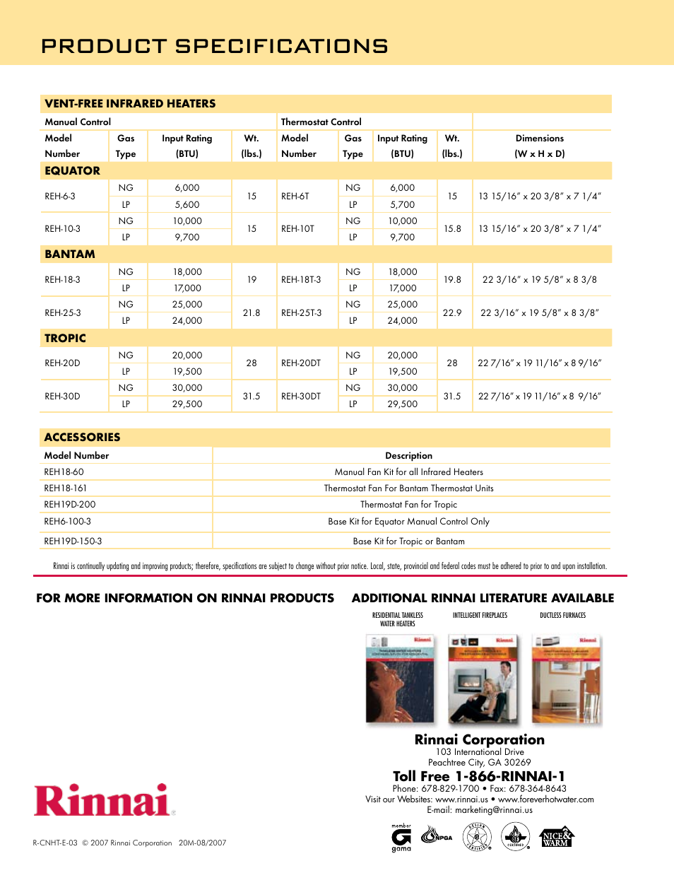 Product specifications, Rinnai corporation | Rinnai REH-6 User Manual | Page 2 / 2