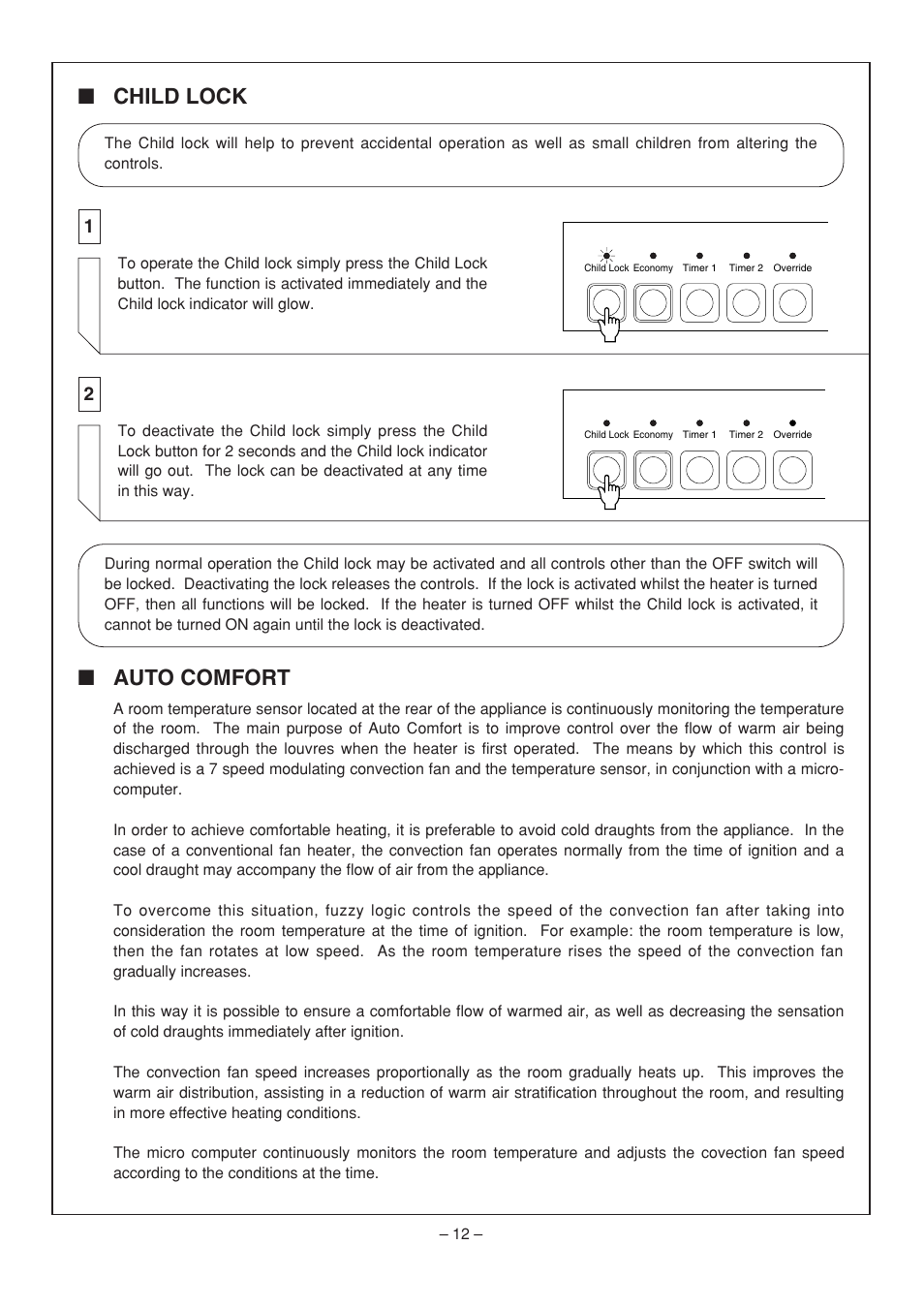 Child lock ■ auto comfort | Rinnai RHFE-308 FTR User Manual | Page 12 / 48