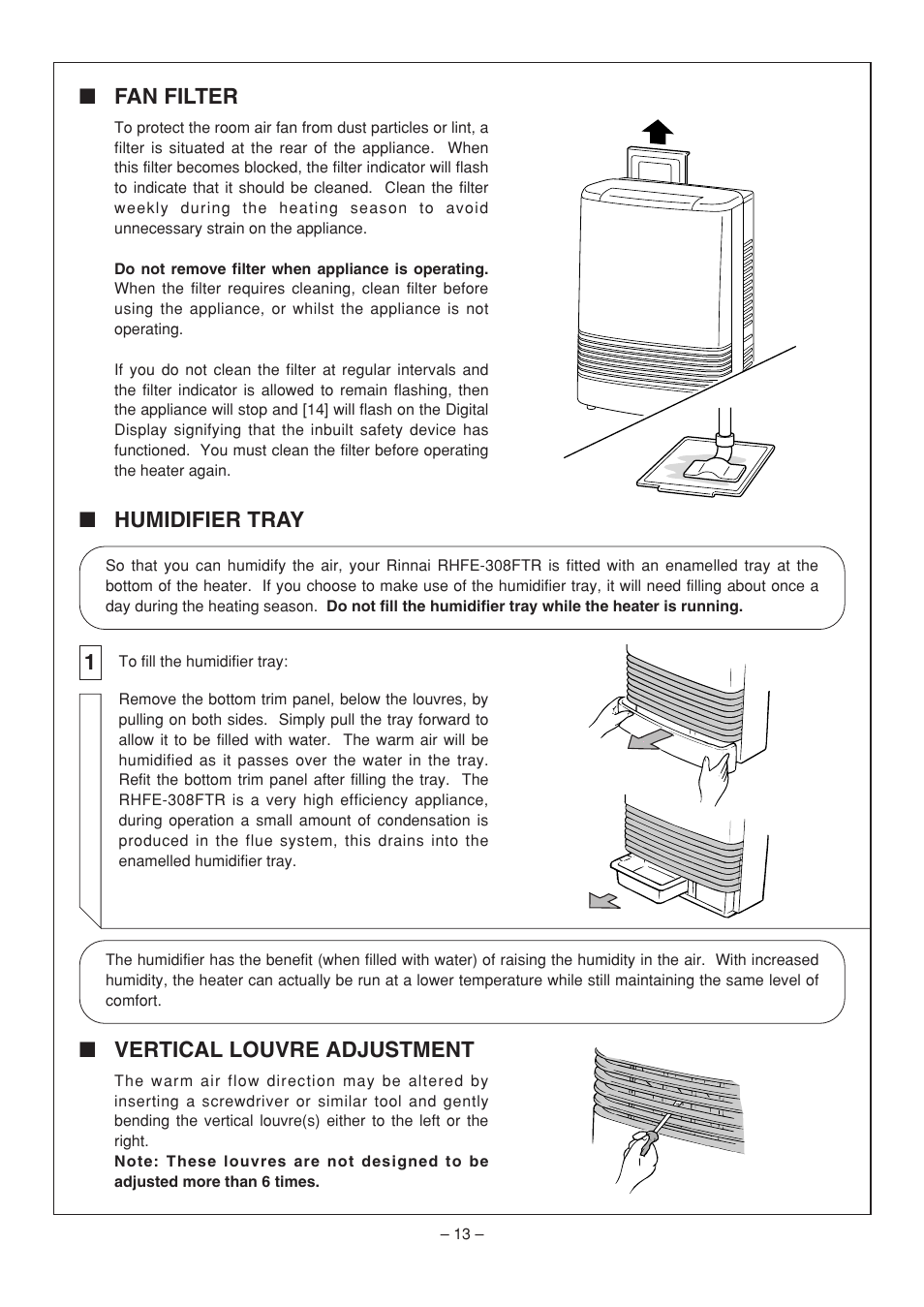 Fan filter, Humidifier tray ■ vertical louvre adjustment | Rinnai RHFE-308 FTR User Manual | Page 13 / 48