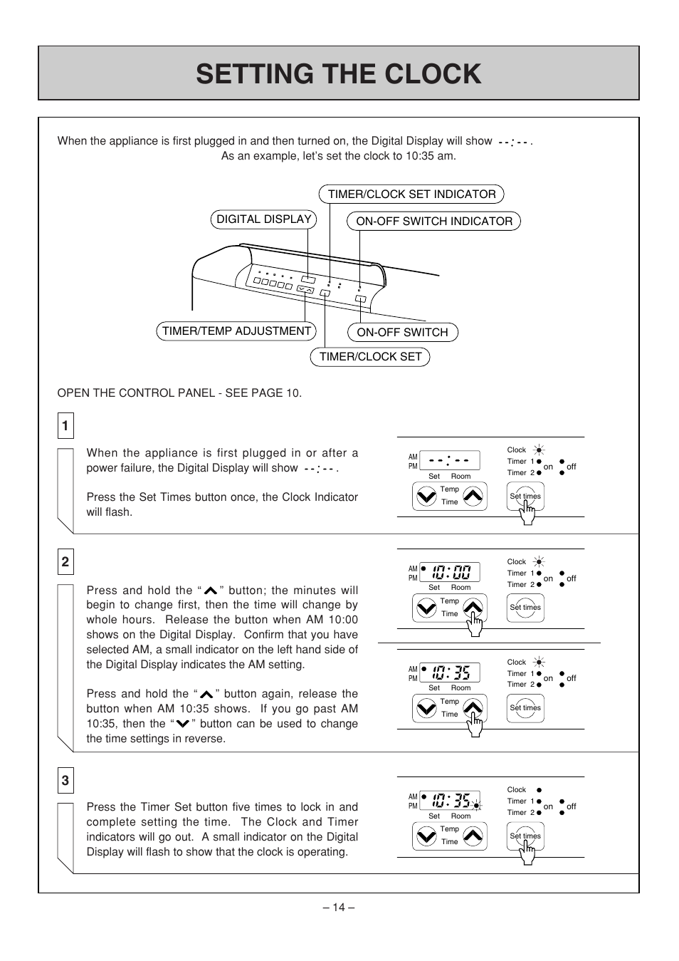 Setting the clock | Rinnai RHFE-308 FTR User Manual | Page 14 / 48