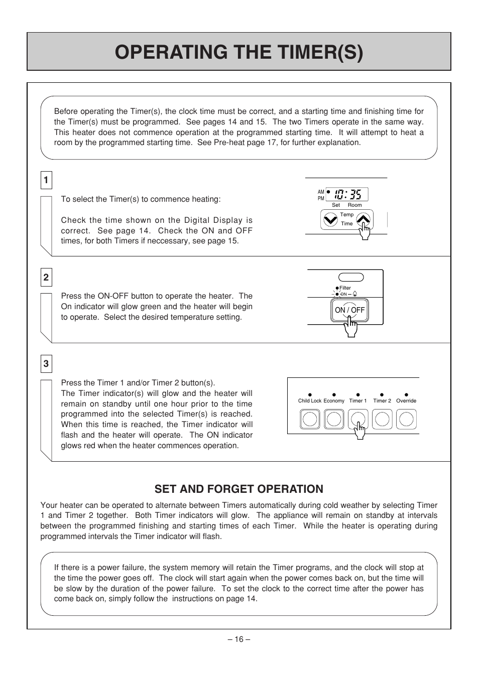 Operating the timer(s), Set and forget operation | Rinnai RHFE-308 FTR User Manual | Page 16 / 48