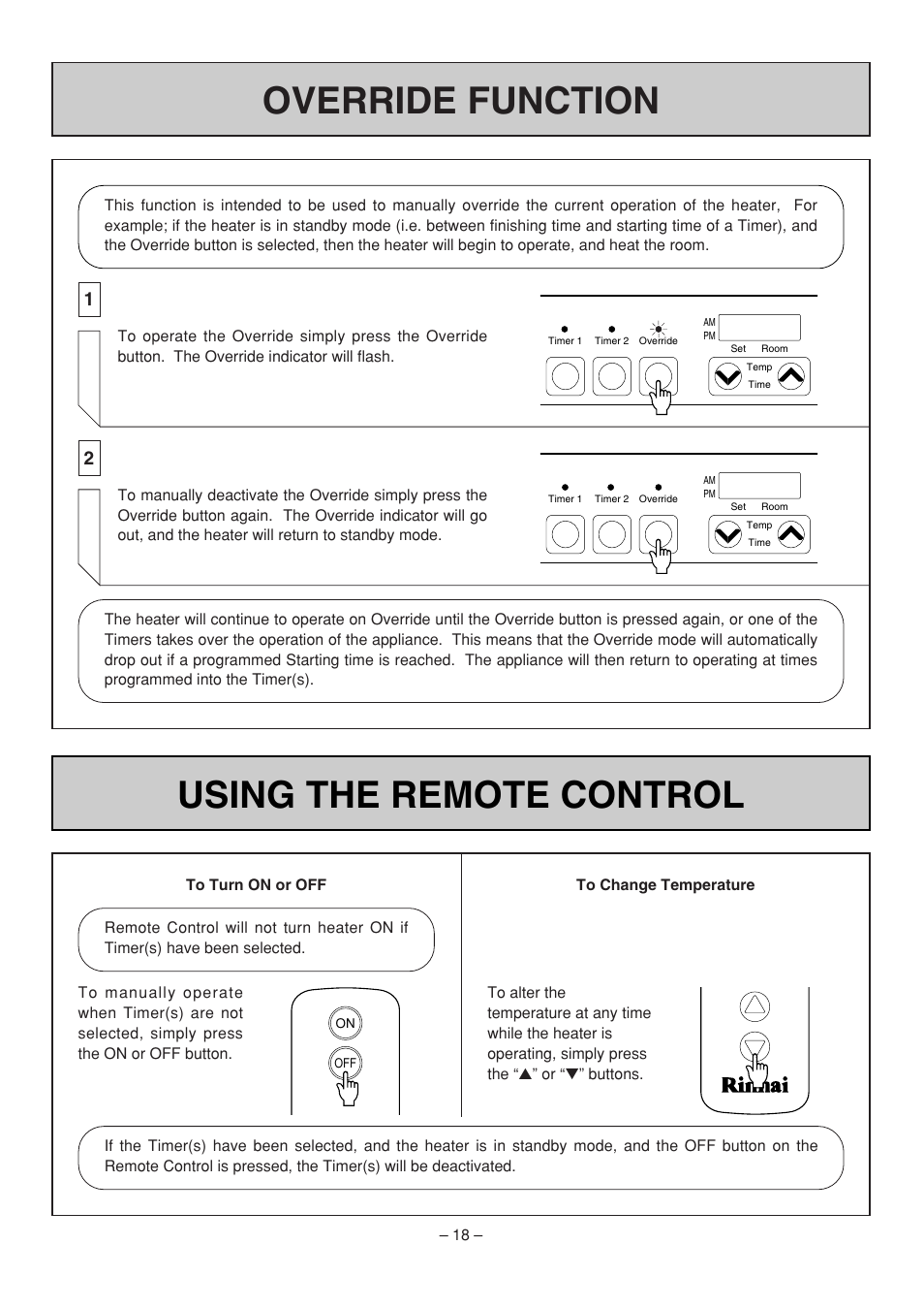 Override function using the remote control | Rinnai RHFE-308 FTR User Manual | Page 18 / 48