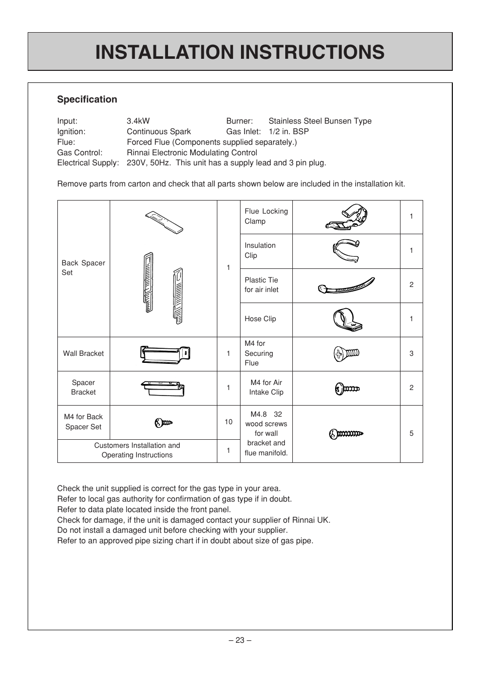 Installation instructions, Specification | Rinnai RHFE-308 FTR User Manual | Page 23 / 48