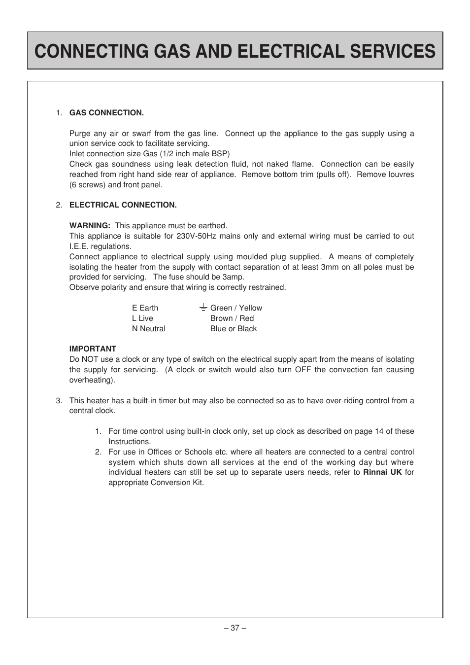 Connecting gas and electrical services | Rinnai RHFE-308 FTR User Manual | Page 37 / 48