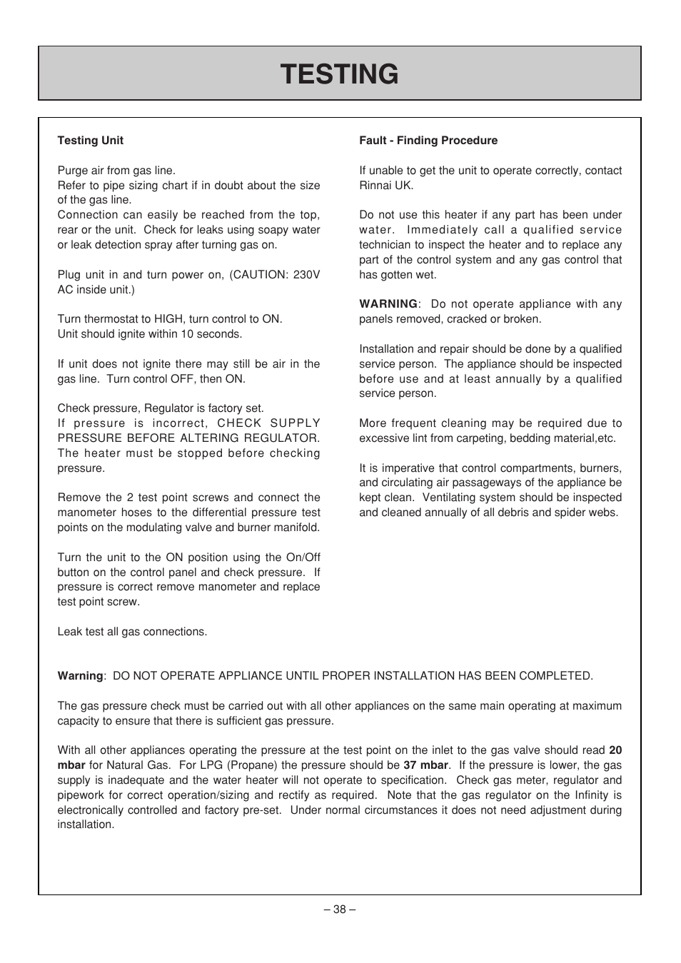 Testing | Rinnai RHFE-308 FTR User Manual | Page 38 / 48