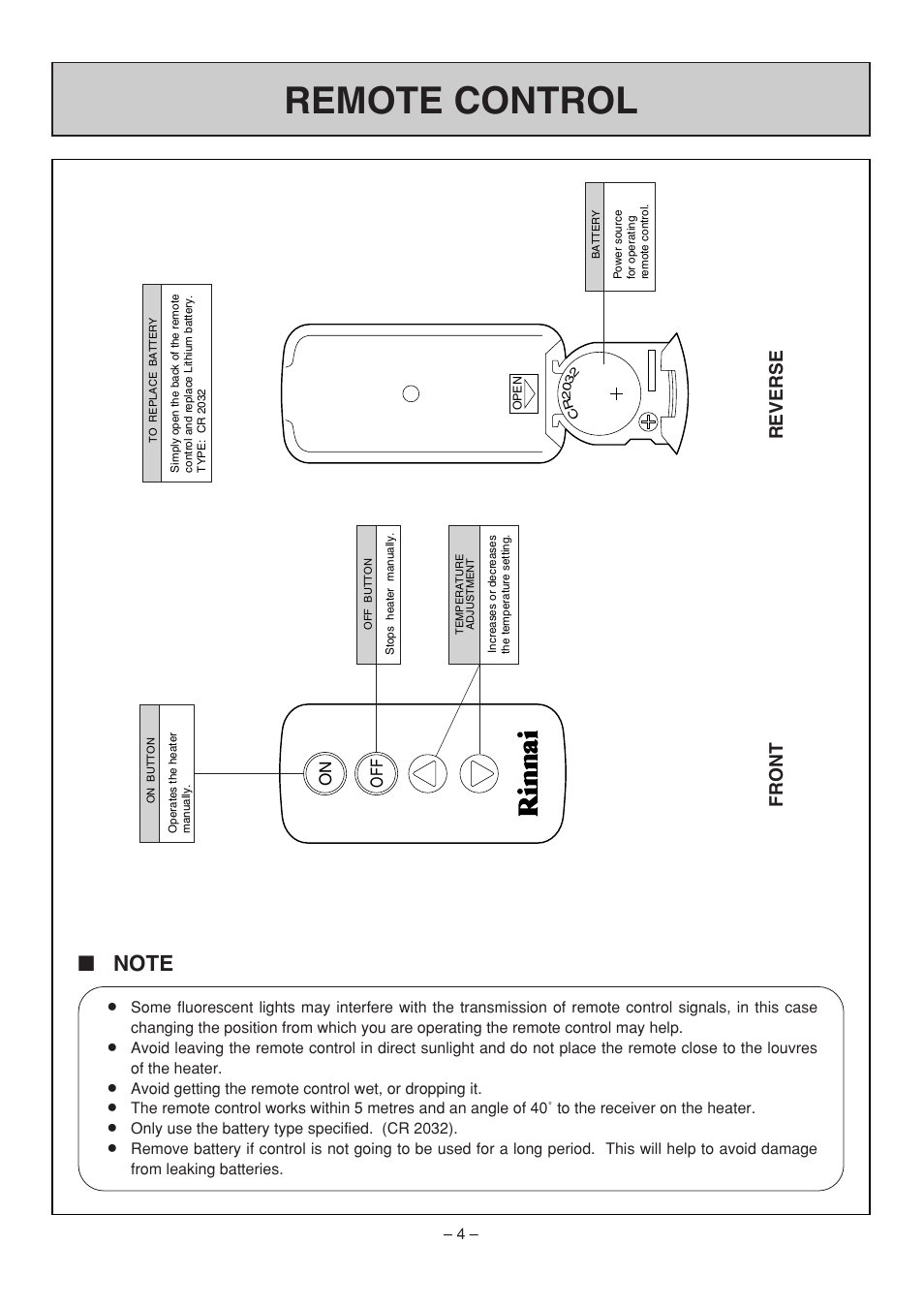 Remote control, Front reverse | Rinnai RHFE-308 FTR User Manual | Page 4 / 48