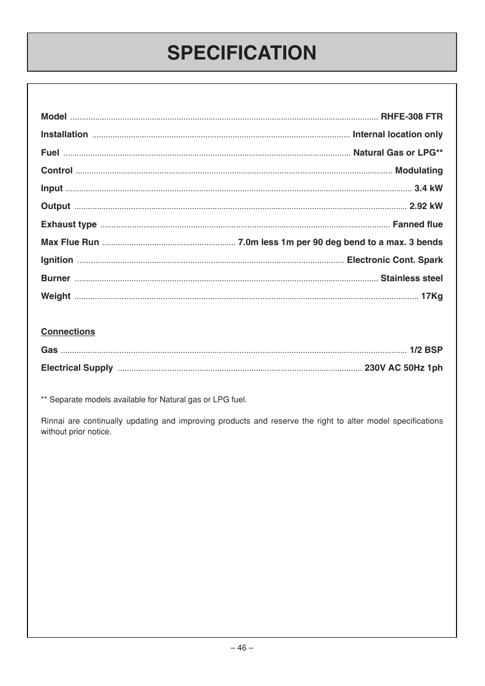 Specification | Rinnai RHFE-308 FTR User Manual | Page 46 / 48